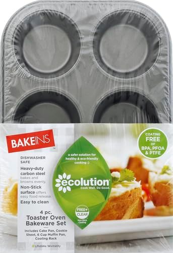 Ecolution Non-Stick Toaster Oven Bakeware Set 4-Piece, Carbon Steel, Easy to Clean and Perfect for Single Servings, Gray