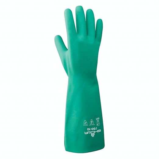 SHOWA 730 Chemical Resistant Gloves, 15-mil Nitrile with Cotton Flock Liner, 13-inch Extended Gauntlet, Bisque Grip, CE Cat III & Food Safe, Green, Medium, Vending Pack, 12-Pack