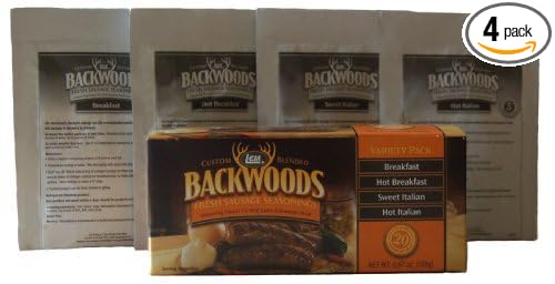 LEM Products Backwoods Fresh Sausage Seasonings Variety Pack, Includes Breakfast, Hot Breakfast, Sweet Italian, and Hot Italian Flavors, Ideal for Wild Game and Domestic Meat, 6.7 Ounce Package