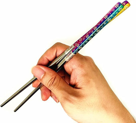2Pairs Iridescent Stainless Steel Chopstick Reusable Dishwasher Safe Sakura | Anti-slip,Heat-resistant,Engraved Flower Pattern,Multicolor