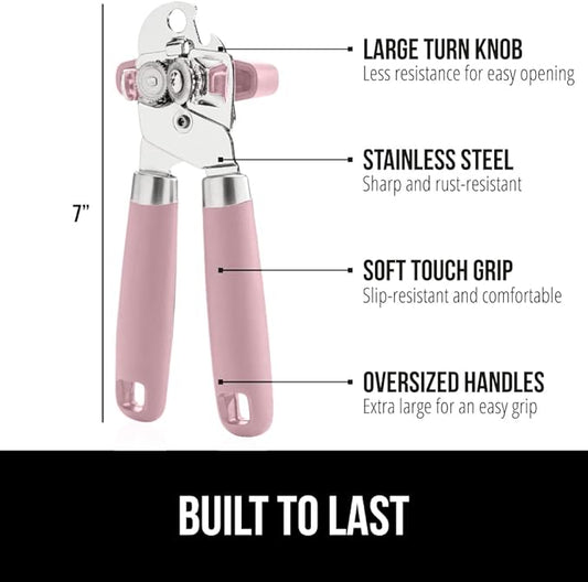 GORILLA GRIP Heavy Duty Stainless Steel Smooth Edge Manual Can Opener and Bottle Openers, Soft Comfortable Handle, Oversized Handheld Turn Knob, US Designed Multifunctional Kitchen Tool, Pink
