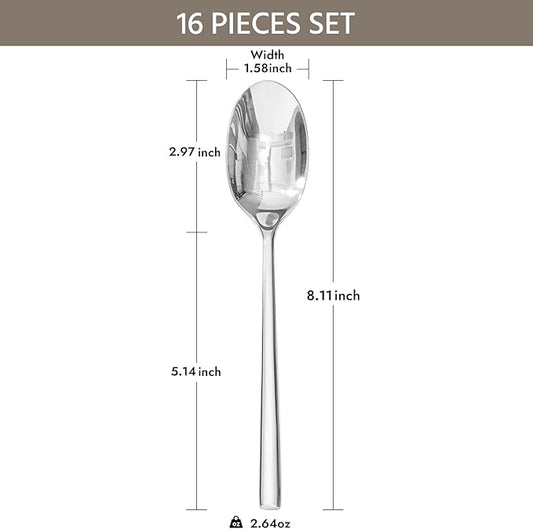 KINGSTONE Dinner Spoon Set, 16-Piece Tablespoons Silverware Spoons, Premium Food Grade Stainless Steel Spoons, Mirror Finish & Dishwasher Safe, Use for Kitchen, Home, Wedding, Party