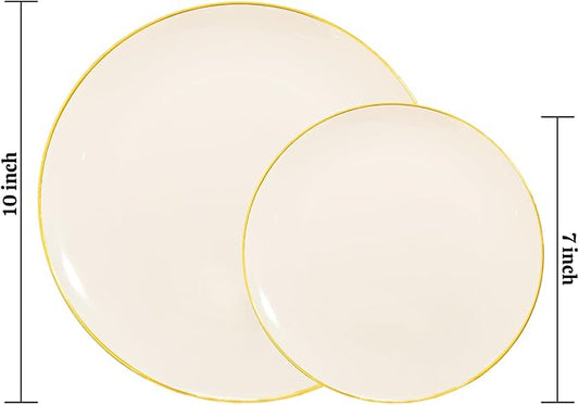 PULOTE 60 PCS Ivory Plastic Plates - Cream Plastic Disposable Include 30 Dinner and 30 Dessert Plates with Gold Rim - Ideal for Party & Wedding