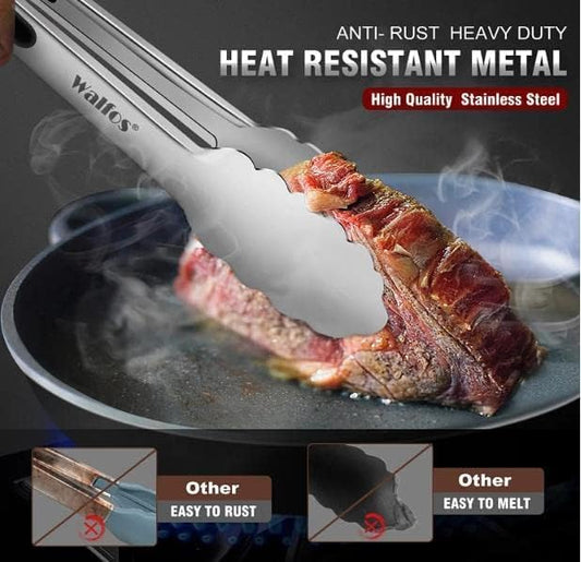 Walfos Stainless Steel Kitchen Tongs for Cooking- 7 ,9 and 12 Inch, Food Grade Metal Tongs for Cooking, BBQ, Set of 3 Heavy Duty Locking Cooking Tongs Non-Slip Grip
