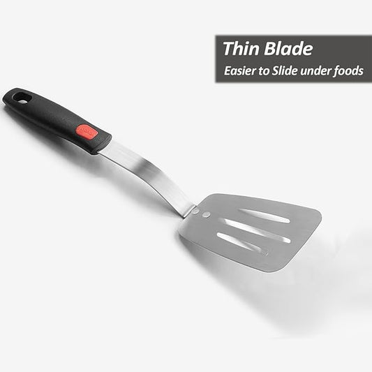 Stainless Steel Flexible Spatula Turner, VOVOLY Thin Metal Slotted Spatula for Cast Iron Skillet, Thin Blade and Heat Resistant Silicone Handle, Great for Egg, Cookie, Meat, Crep, Medium