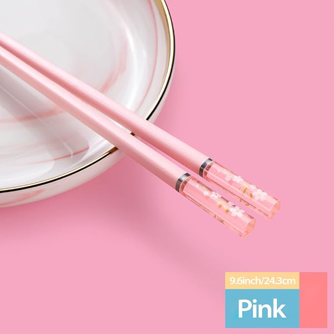 Pink Fiberglass Chopsticks, Reusable, Dishwasher Safe, Non-slip, 5 Pairs | Premium Japanese Chinese Sakura Design, Lightweight, 9.6 inches, Food-Grade, Durable, Heat-Resistant for Sushi Ramen