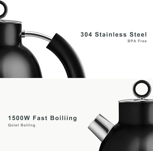 ASCOT Electric Kettle, Electric Tea Kettle Hot Water Kettle Stainless Steel Kettle 1.6L 1500W Retro Tea Heater & Boiling Water, Auto Shut-Off and Boil-Dry Protection (Black)