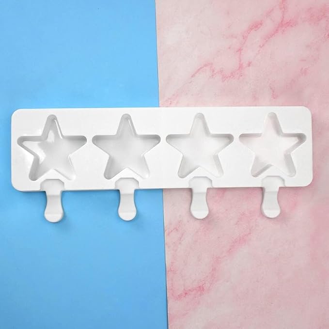 1 Pack Cute Stars Shape Popsicle Molds Silicone Ice Pop Molds 4 Cavities Popsicle Molds for Kids Adults Ice Cream Mold Cakesicles Mould DIY Popsicle Maker Homemade Popsicle Silicone Molds T