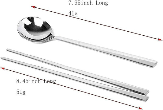Polished Stainless Steel Spoons and Chopsticks Set, Korean Chopsticks and Spoons tableware with long-hand, Reusable, set of 3-silver