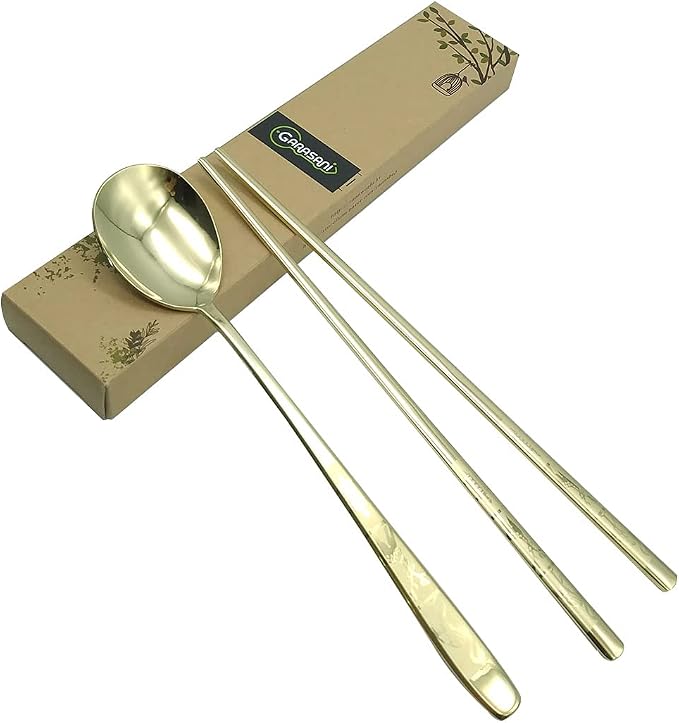 GARASANI Korean Traditional Spoon and Chopsticks Gold Titanium Plated Stainless Steel Cutlery (Gold Longevity)