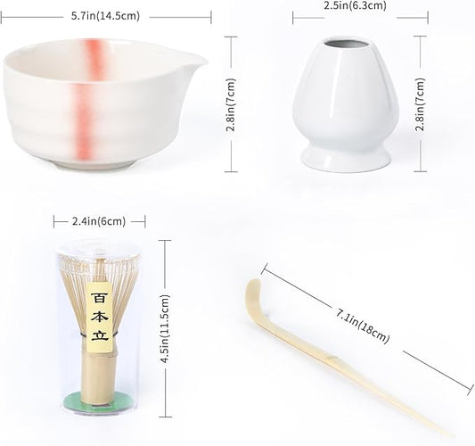 Matcha Whisk Set,Ceramic Matcha Set,with Ceramic Bowl,Bamboo Whisk&Holder,Scoop,Authentic Japanese Matcha,for Matcha Lovers,Gift for Family/Friend(Spotted Pink)