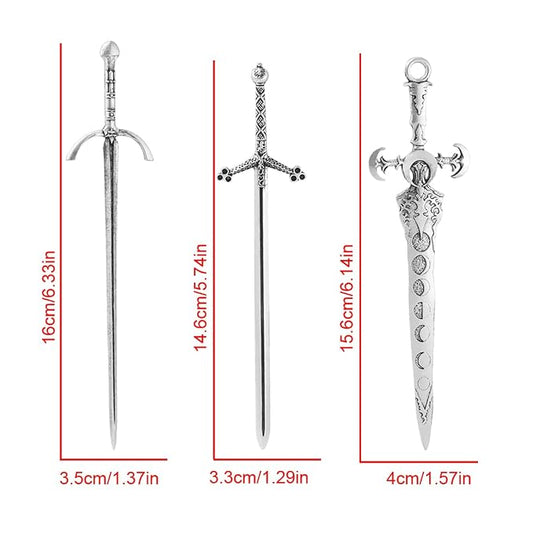 3-Piece Sword Hair Pin Set – Gothic and Viking Hair Accessories for Women, Medieval Hair Sticks & Renaissance Hair Jewelry
