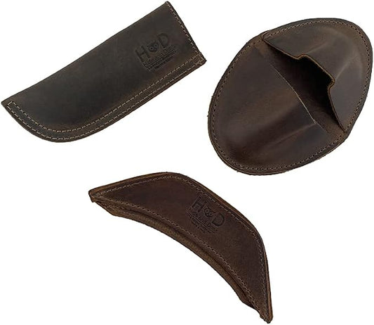 Hide & Drink, Set of 3 Rustic Hot Handle Holders, Panhandle, Side Kick & Grip Mitt, Assist Grip for Cast Iron Skillets & Pans, Full Grain Leather, Handmade, Bourbon Brown