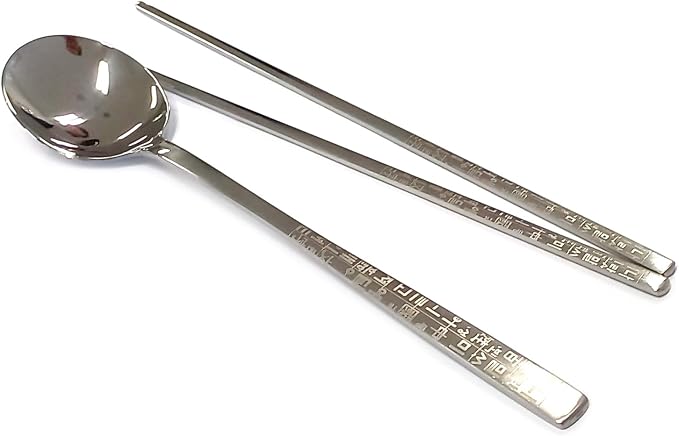 GARASANI Korean Traditional Cutlery Stainless Steel Spoons and Chopsticks Set (Silver Hunminjeongeum)