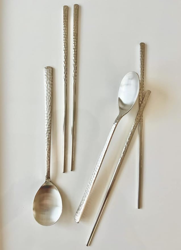 Korean Made Silver Glossy Hammered Stainless Steel Korean Spoon & Chopstick SET Stocking Stuffer Gift for Mom (2SET) Stocking Stuffer