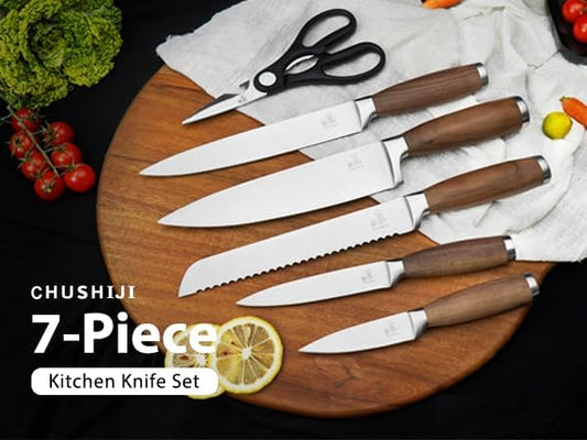 Knife Block Set(Walnut handle), 7-Piece Black Kitchen Knife Set for Home, Anti-Rust Non-stick Stainless Steel Sharp Chef Knife Set with Universal Knife Block for Kitchen, Ergonomical Design (Black)