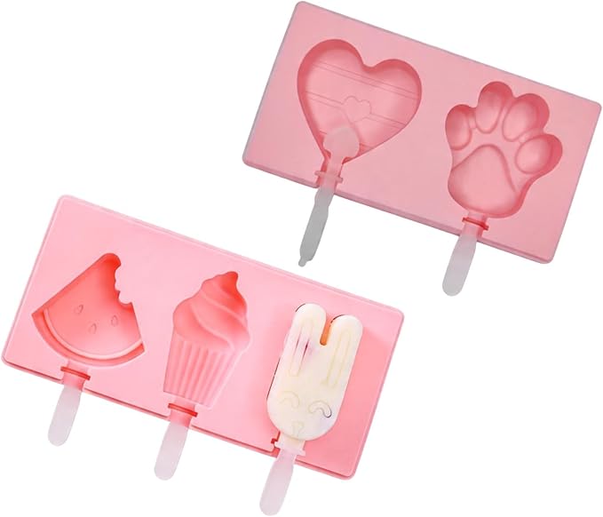 2Pcs Cartoon Popsicles Molds, 5-Cavity Food-Grade Silicone Ice Pop Cream Molds with Reusable Sticks, Stackable Ice Cream Mold, Easy Release, Cute Small Ice Pop Mold for DIY Cake and Ice Cream