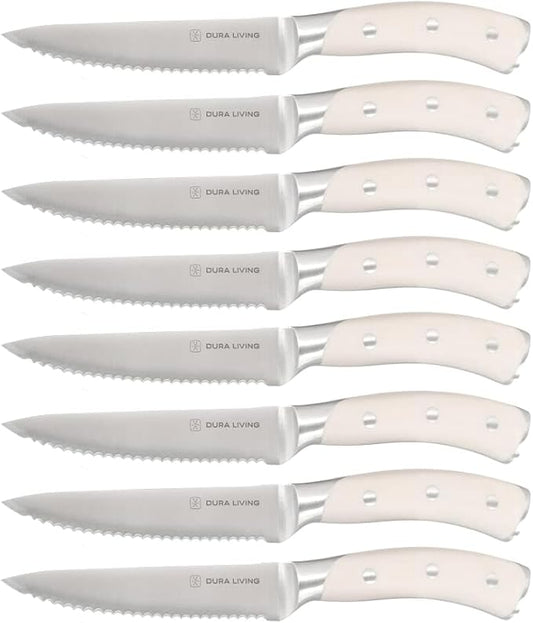 DURA LIVING 8-Piece Serrated Kitchen Steak Knife Set – Forged High Carbon Stainless Steel, Ultra Sharp, Ergonomic Black Handles, Durable Dinner Knives, Cream Handle