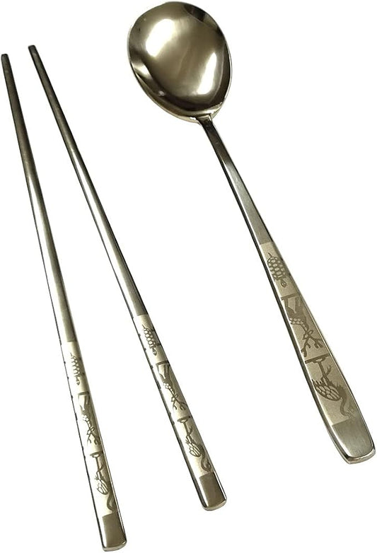 GARASANI Korean Traditional Spoon and Chopsticks Gold Titanium Plated Stainless Steel Cutlery (Gold Longevity)