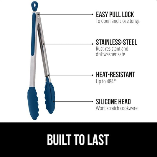 GORILLA GRIP Stainless Steel Heat Resistant Kitchen Tongs for Cooking, 9 + 12 Inch, Set of 2 BBQ Tong, Non Scratch Silicone Tip for Pan, Strong Grip, Grab Food, Toss Salad, Air Fryer, Pull Lock, Blue