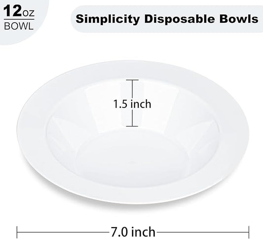 BESTVIP 50Pcs Plastic White Bowls, 12 Oz Disposable Bowls Disposable Bowls for Parties, Wedding, Christmas, Thanksgiving, Soak Proof Bowls for Breakfast, Lunch, and Dinner Meals