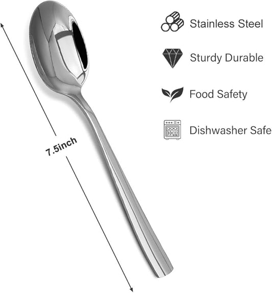 Dinner Spoons Set,12-Piece 7.5 Inches Stainless Steel Dinner Spoons,18/10 Stainless Steel Food Grade small spoons, Dinner Spoons For Home,Kitchen or Restaurant,Mirror Polished & Dishwasher Safe