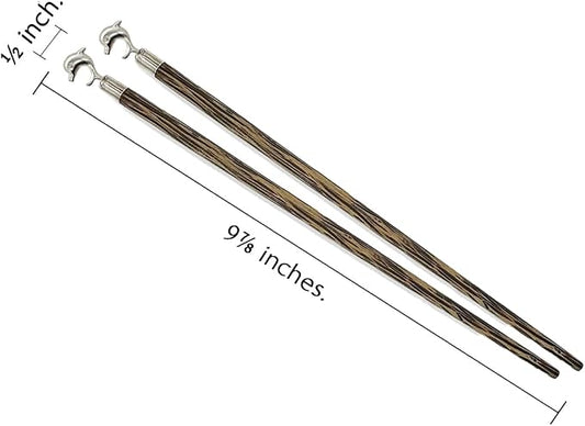 Wooden Chopsticks 9⅞" Coconut Palm Wood Chopstick With Metal Dolphin Top Eating Utensils Oriental Cutlery Asian Tableware Decorative Dinnerware to Serve Chinese Japanese Korean Food
