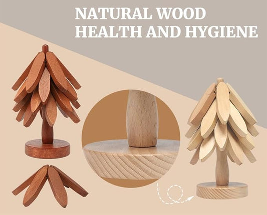 Tree Shape Wooden Trivets for Hot Dishes, 4 Wooden Trivets + 1 Stand stored Like a Christmas Tree,for Easy Storage,Multifunctional Ornaments (Walnut Brown)
