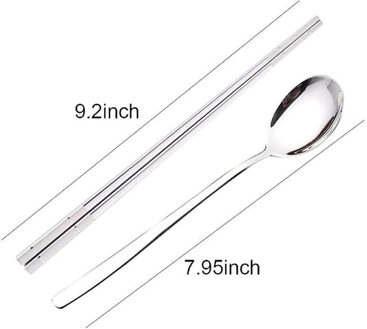 Reusable Korean Chopstick and Spoon Set, Long Handle Stainless Steel Soup Spoon and Chopsticks, Dishwasher Safe, Set of 3. (Silver)