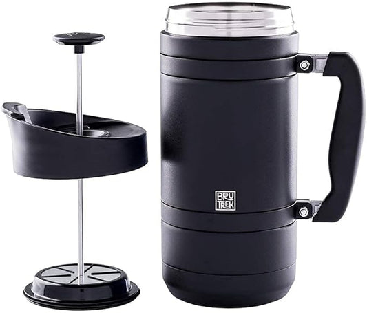 BruTrek BaseCamp Coffee Press - Double Wall Insulated Stainless Steel - Bru-Stop Technology, No Grounds in Coffee, No Spill Lid (Obsidian, 48 fl.oz)