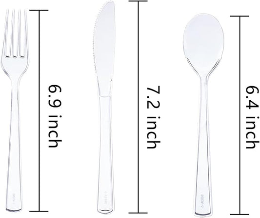 EI 360pcs Clear Plastic Silverware,Plastic Forks and Spoons,Plastic Silverware Heavy Duty,Clear Silverware Disposable include 120pcs Forks,120pcs Spoons and 120pcs Knives for Party,Picnic