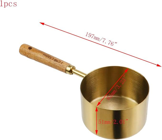 1 Cup Stainless Steel Measuring Cup with Wooden Handle, 250ml | Gold Measuring Scoop, 250ml Measuring Spoon, For Baking, Cooking, Wet and Dry Ingredients