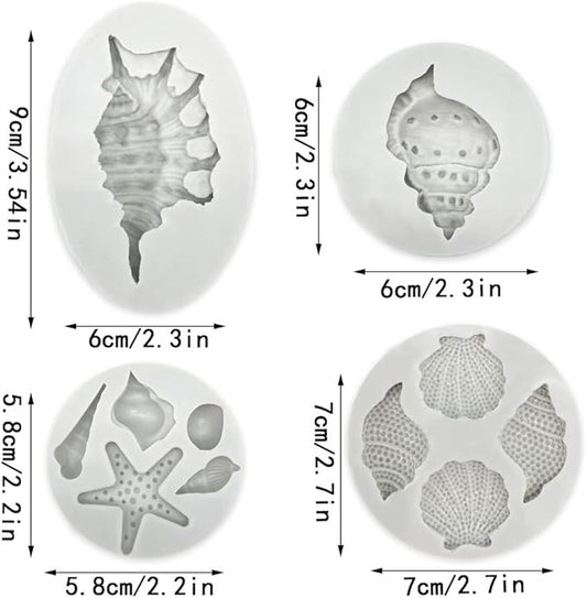 4 PCS Marine Theme Cake Fondant Silicone Mold Seashell Conch Starfish Baking Molds for DIY Cake Decoration Chocolate Candy Polymer Clay Crafting Projects