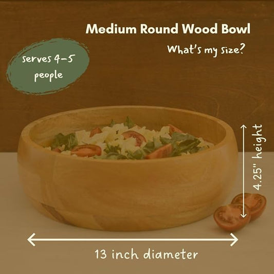 Medium Salad Bowl, 13" Wide, Kitchen Countertop Fruit Bowl, Serving Dish for Pasta, Bread, Mixing Bowl, Farmhouse Style, Mango Wood, Round, Serves 4-5