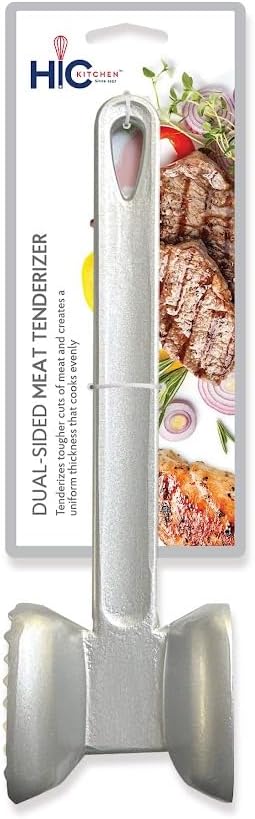 HIC Kitchen Non-Stick Dual-Sided Meat Tenderizer Mallet Marinating Prep Tool, Toothed And Plain Heads, Silicone-Coated, For Flattening Cutlets And Tenderizing Meat