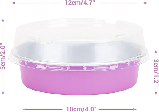 Beasea Disposable Mini Pans with Lids, 100 Pack 4” 8oz Light Pink Aluminum Baking Foil Tins Round Small Tart Container for Individual Cupcake Dessert Muffin Ramekin Cheesecake Quiche Oven Dishes