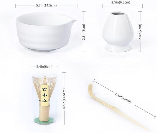 Matcha Whisk Set,Ceramic Matcha Set,with Ceramic Bowl,Bamboo Whisk&Holder,Scoop,Authentic Japanese Matcha,for Matcha Lovers,Gift for Family/Friend(Porcelain white)