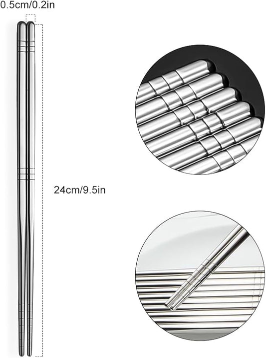 Premium Reusable Stainless Steel Chopsticks - 5 Pairs, 9.5 Inch, Square, Non-Slip, Dishwasher Safe, Use for Home, Kitchen, Hotel, Restaurant