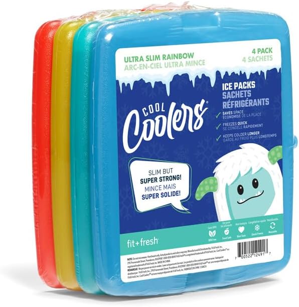 Cool Coolers by Fit + Fresh, 4 Pack Slim Ice Packs, Space Saving Reusable Ice Packs for Lunch Boxes or Coolers