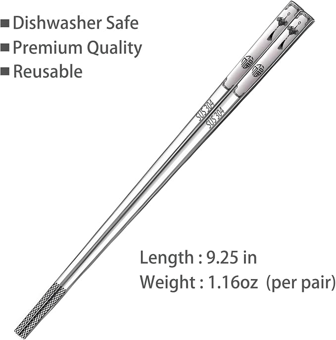 Metal Chopsticks Reusable 5 Pairs 18/8 Stainless Steel chop sticks silver | Dishwasher Safe,Non-Slip Grip,Good for Beginners,SUS304 Resistant to Rust,Square,Lightweight 9.25''
