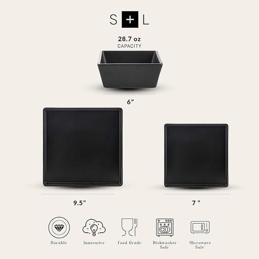 Stone Lain 24 Pieces Stoneware Square Dinnerware Set, Black Matte