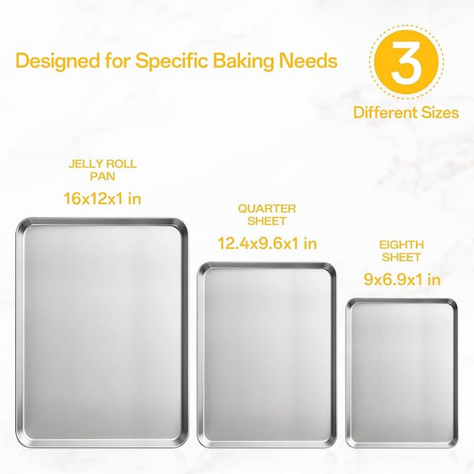Ohtomber Stainless Steel Baking Sheet Pan Set, 3 Pack Cookie Sheets for Baking, Heavy Duty Stainless Steel Cookware Set, Oven Cookie Tray for Roasting, 9/12/16 Inch