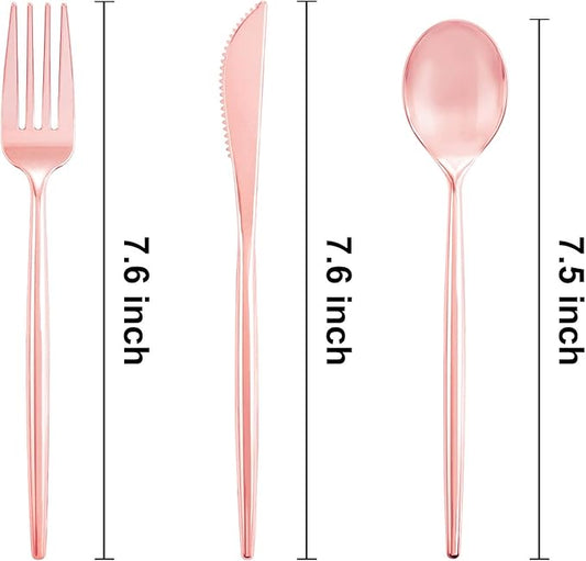 SUT 150Pcs Rose Gold Plastic Silverware, Disposable Cutlery Set, Heavy Duty Plastic Flatware Set,Disposable Rose Gold Utensils Include 50 Forks,50 Spoons, 50 Knives Perfect for Party