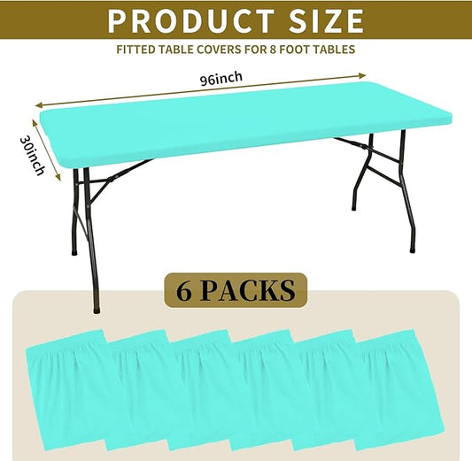 6 Pack Fitted Tablecloth for 8 Foot Rectangle Tables, Aqua Blue Elastic Outdoor Picnic Table Cover, Washable Stretch Folding Table Cloths 8 ft for Camping Party Patio Kitchen Banquet, 30" W x 96" L