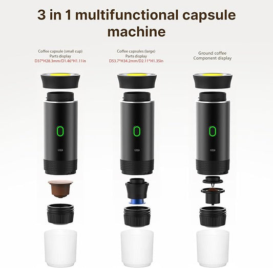 Decdeal Cordless Coffee Machine for Car Home Travel 3 in 1 Electric Coffee Maker Work With Capsule and Ground Coffee 15Bar Mini Cold Brew and Heating Coffee Maker with 150ml Cup
