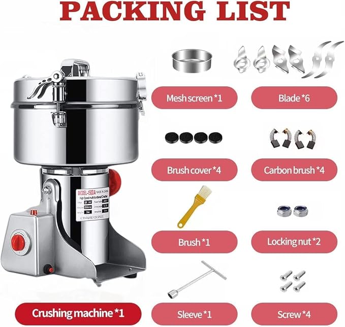 2000g Electric Grain Grinder Spice Grain Mill Stainless Steel 30s 28000RPM High Speedy Grinding with Overload Protection& 5min Timer Mill for Dry Spice Herbs/Nut/Coffee/Rice