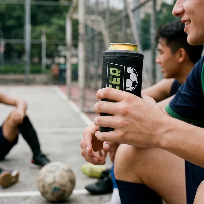Soccer Can Cooler Stainless Steel 12oz, Insulated Tumbler for Men Brother Buddy Players, Travel Cans Koozie, Sport Gift for Birthday, Christmas
