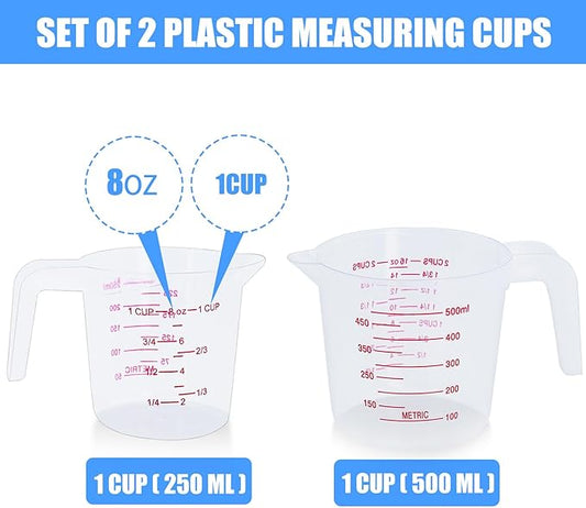 DTDNZKN 2 Pack Measuring Cup Set, 250ml (1-Cup) and 500ml (2-Cup) | Plastic Liquid Measuring Cups- Baking, Cooking, Mixing & Measuring Cups, Essential Kitchen Tools