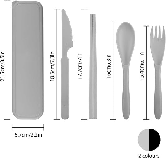 2 Sets Plastic Reusable Utensils Set with Case, Travel Chopsticks Fork Spoon Knife Set for Lunch Box, Portable Cutlery Sets for Travel Camping Daily Use (Black, Grey) | Plastic, Black and Grey, Chopsticks Fork Spoon Knife Set with Lunch Box, For Campin...