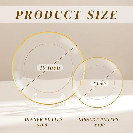 bUCLA 200PCS Clear and Gold Plastic Plates - Clear Disposable Plates with Gold Rim, Includes 100 PCS 10 inch Dinner Plates and 100 PCS 7 inch Dessert Plates for Party&Wedding